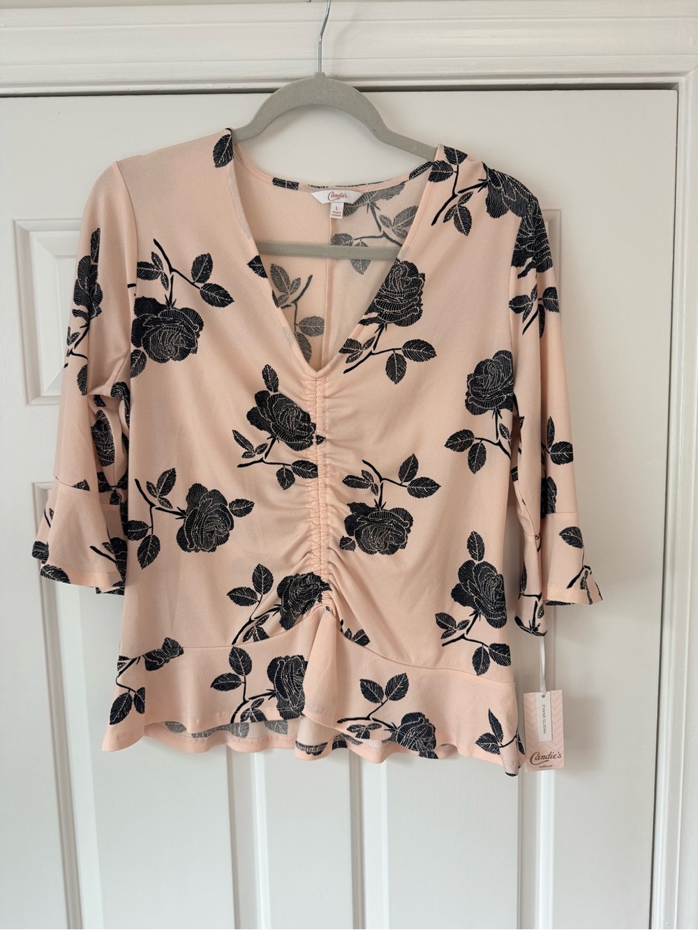 Candie's Blush Pink Floral V-Neck Ruffle Peplum Top